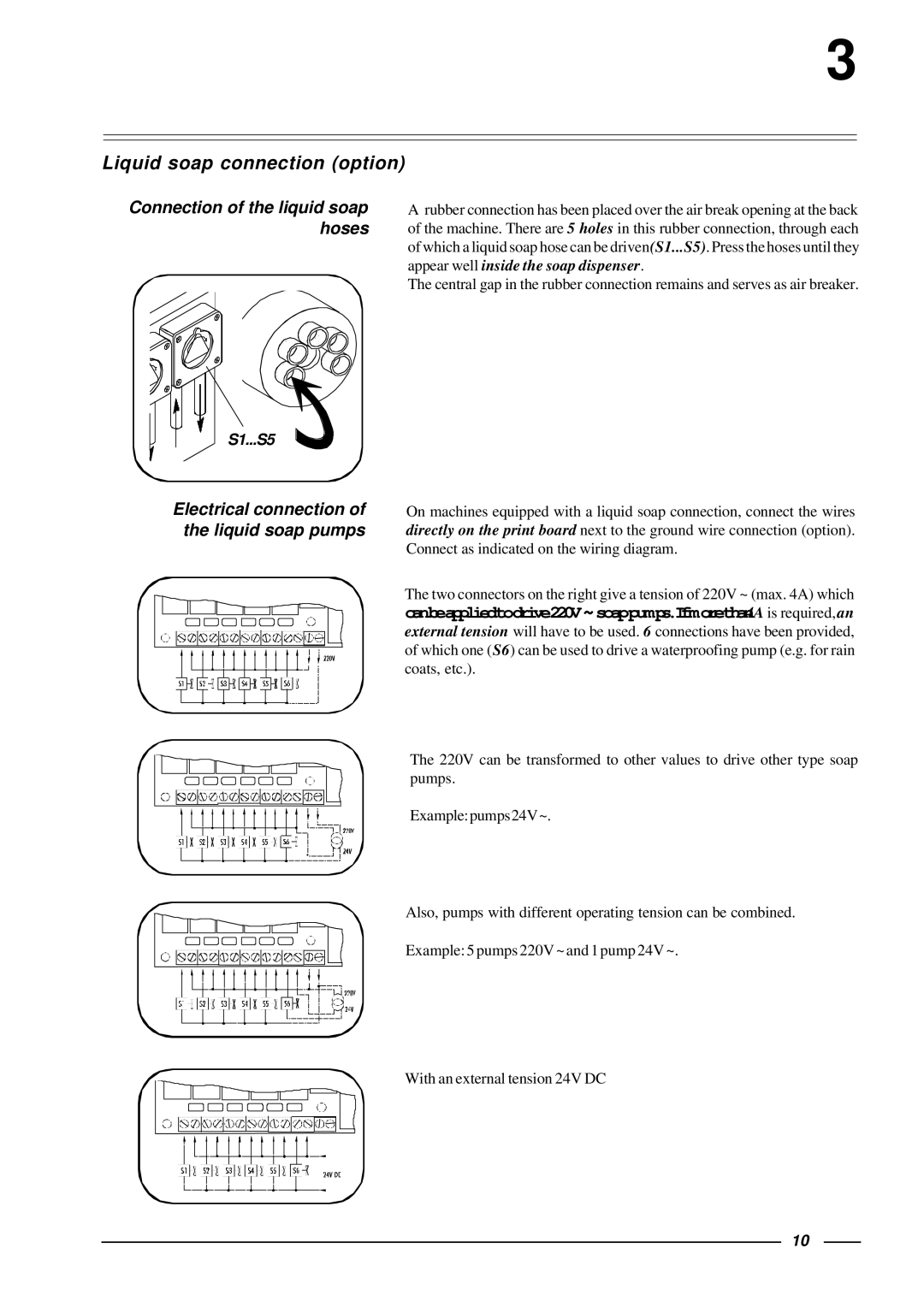 Cissell HF455, HF575 manual Liquid soap connection option, Connection of the liquid soap hoses 