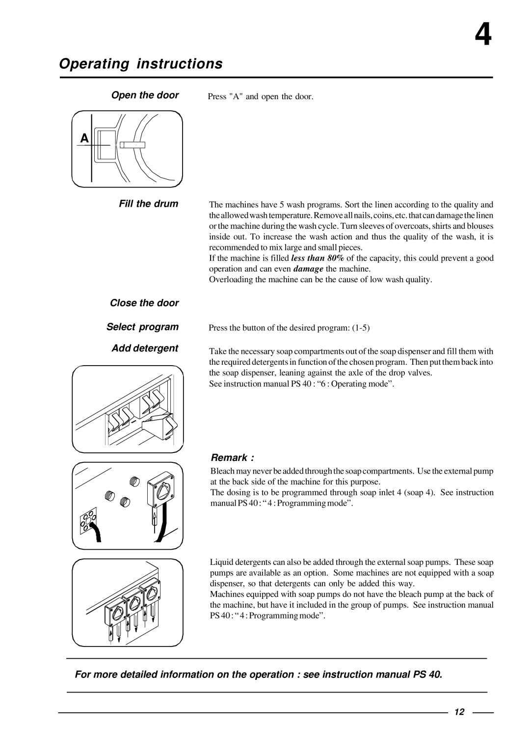 Cissell HF455, HF575 manual Operating instructions, Fill the drum, Close the door Select program Add detergent 