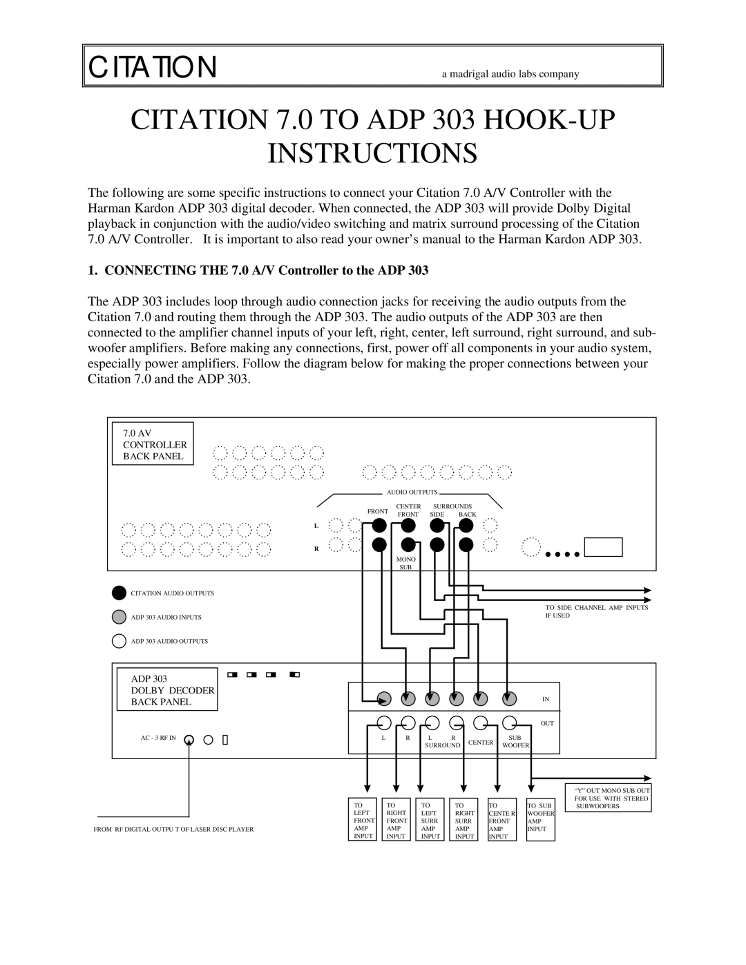 Citation owner manual Citation 7.0 to ADP 303 HOOK-UP Instructions, Connecting the 7.0 A/V Controller to the ADP 