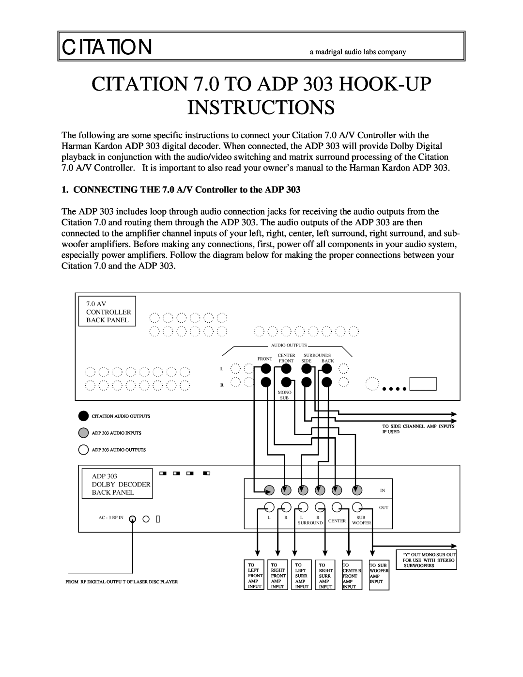 Citation ADP 303 owner manual CONNECTING THE 7.0 A/V Controller to the ADP, Citation 