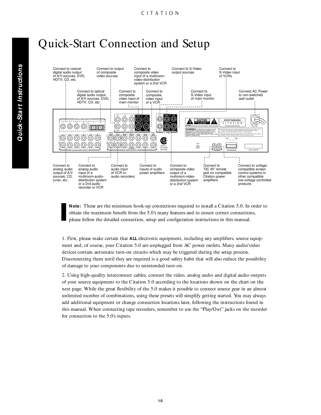 Citation Stereo Receiver owner manual Quick-Start Connection and Setup, A Vcr 