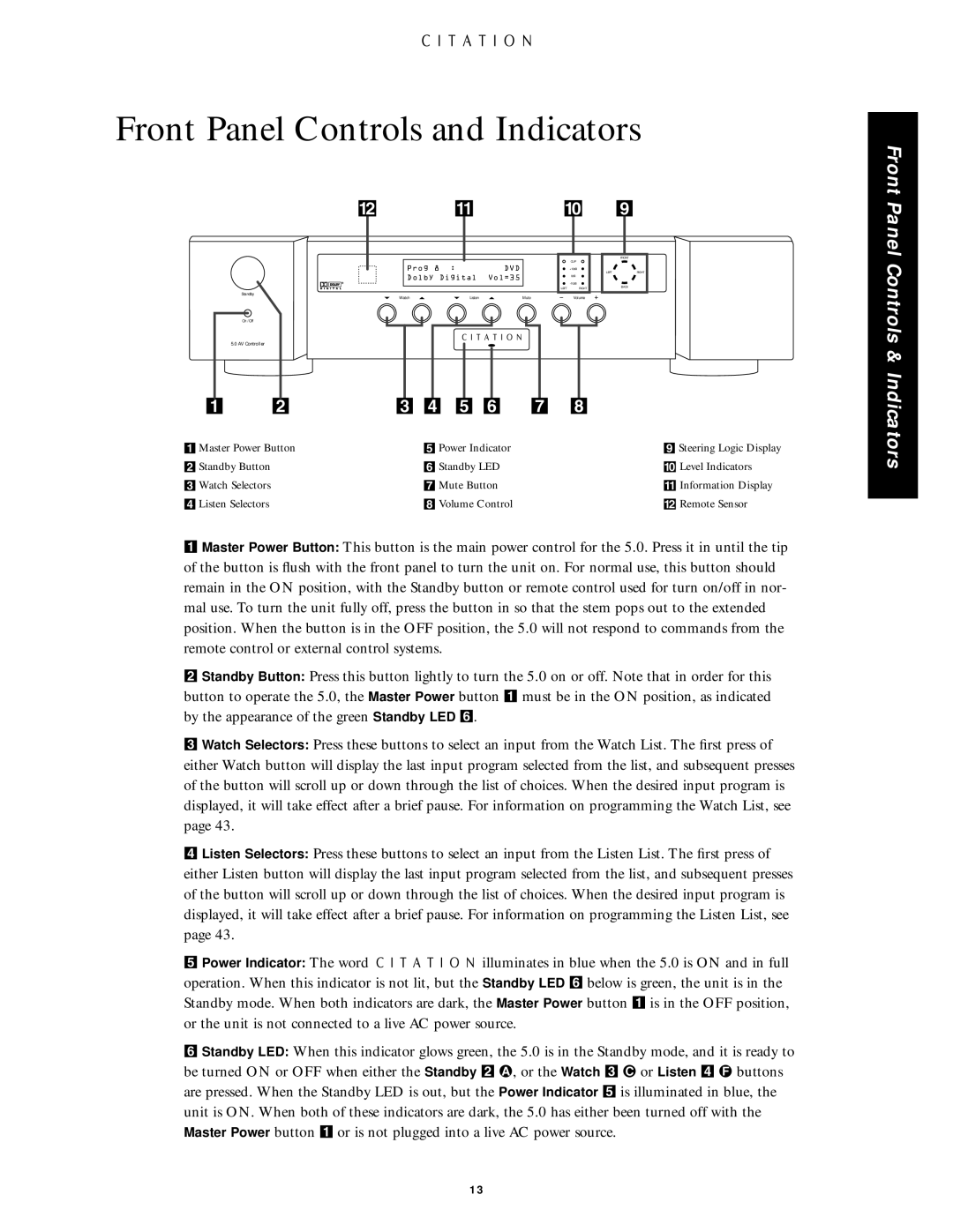 Citation Stereo Receiver owner manual Front Panel Controls and Indicators, Dvd 