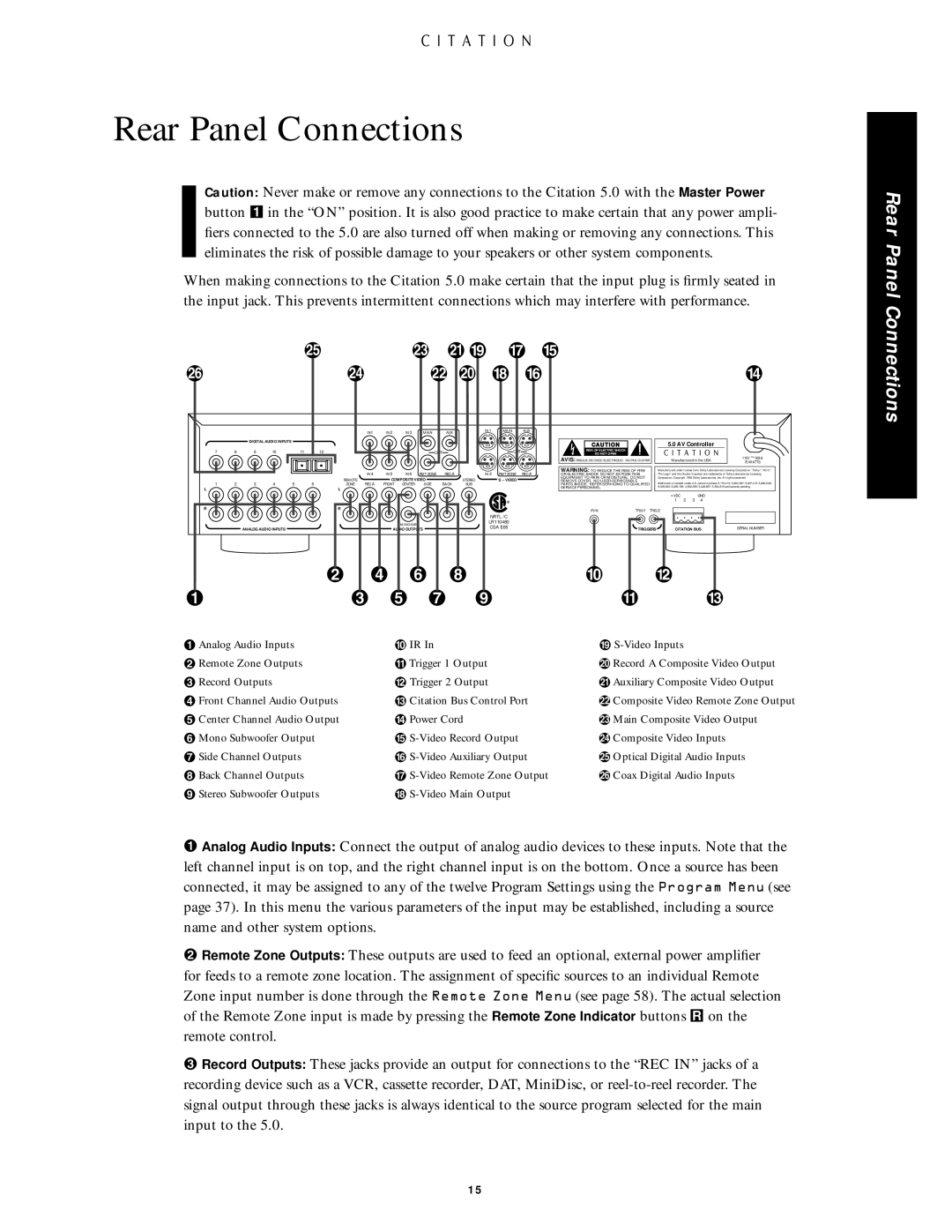 Citation Stereo Receiver owner manual Rear Panel Connections, ¡ ß 