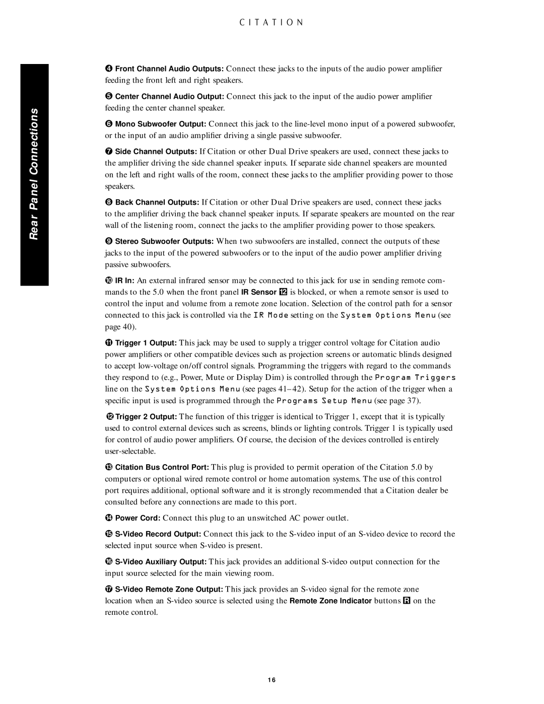 Citation Stereo Receiver owner manual Rear Panel Connections 