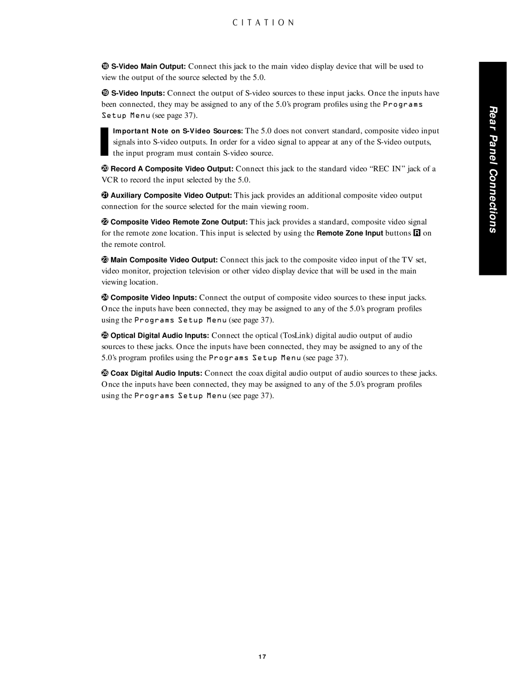 Citation Stereo Receiver owner manual Rear Panel Connections 