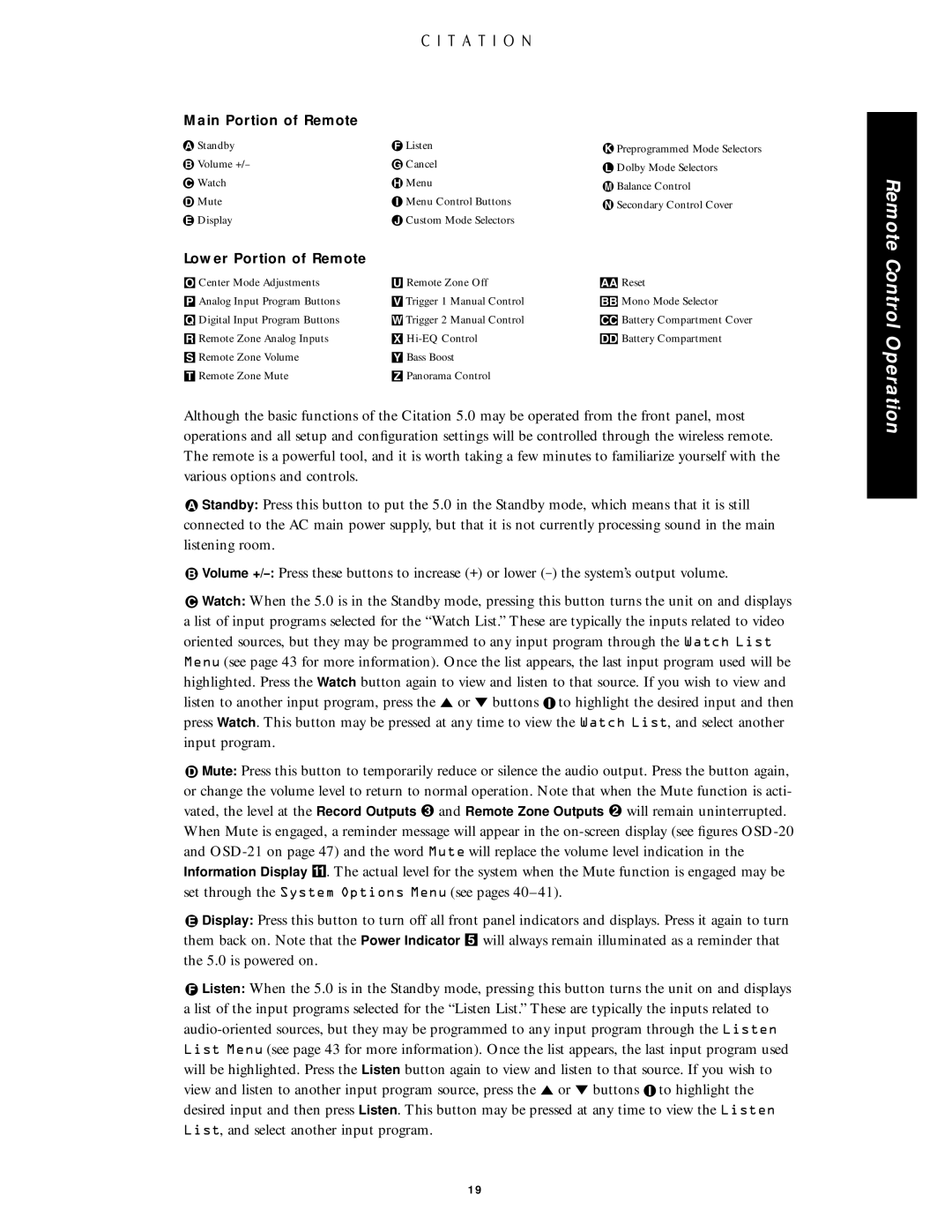 Citation Stereo Receiver owner manual Main Portion of Remote 