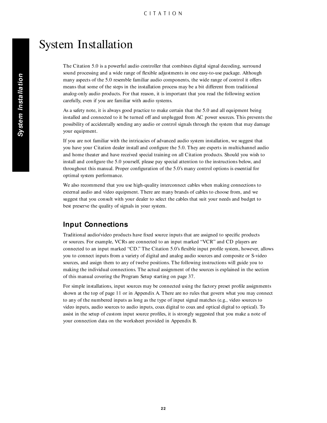 Citation Stereo Receiver owner manual System Installation, Input Connections 