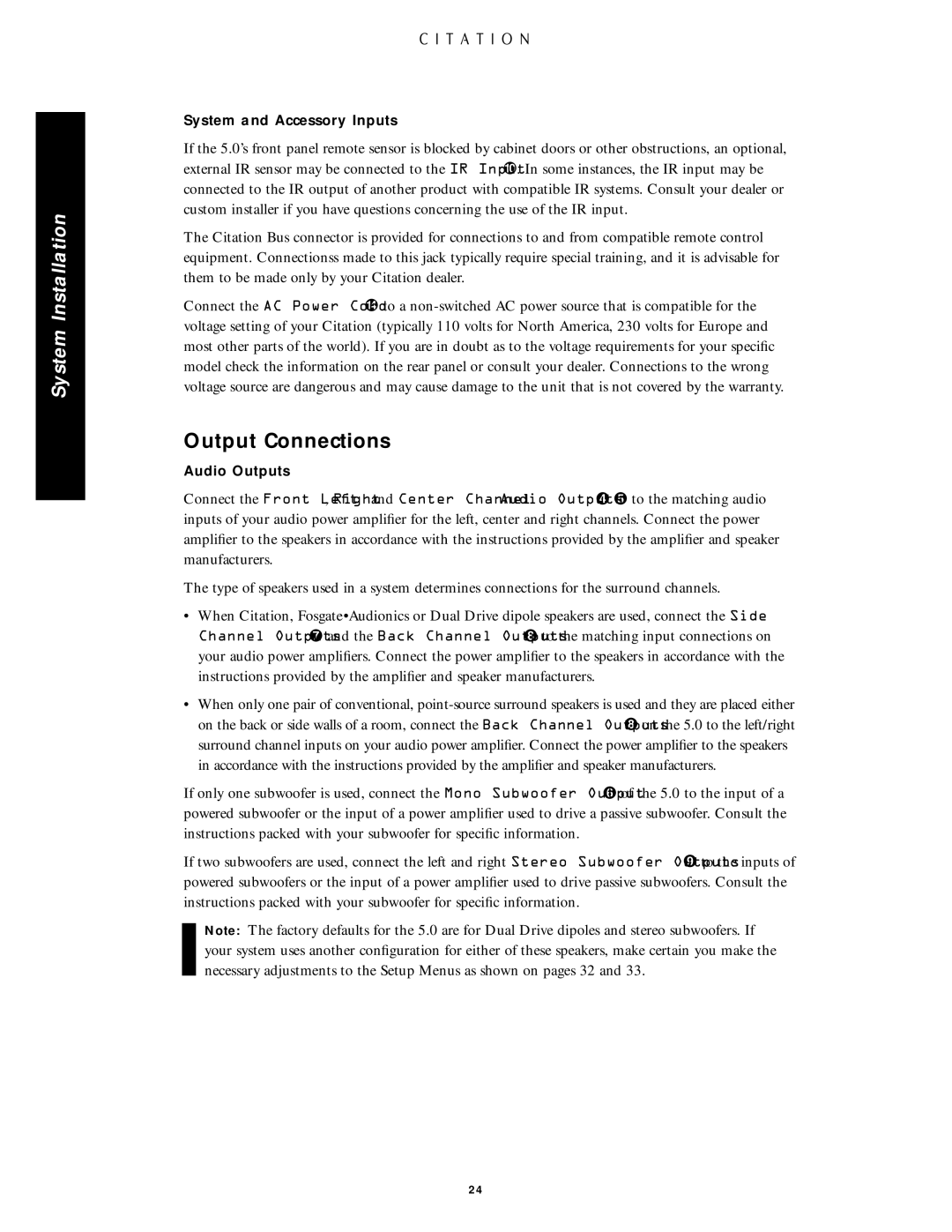 Citation Stereo Receiver owner manual Output Connections, Audio Outputs 