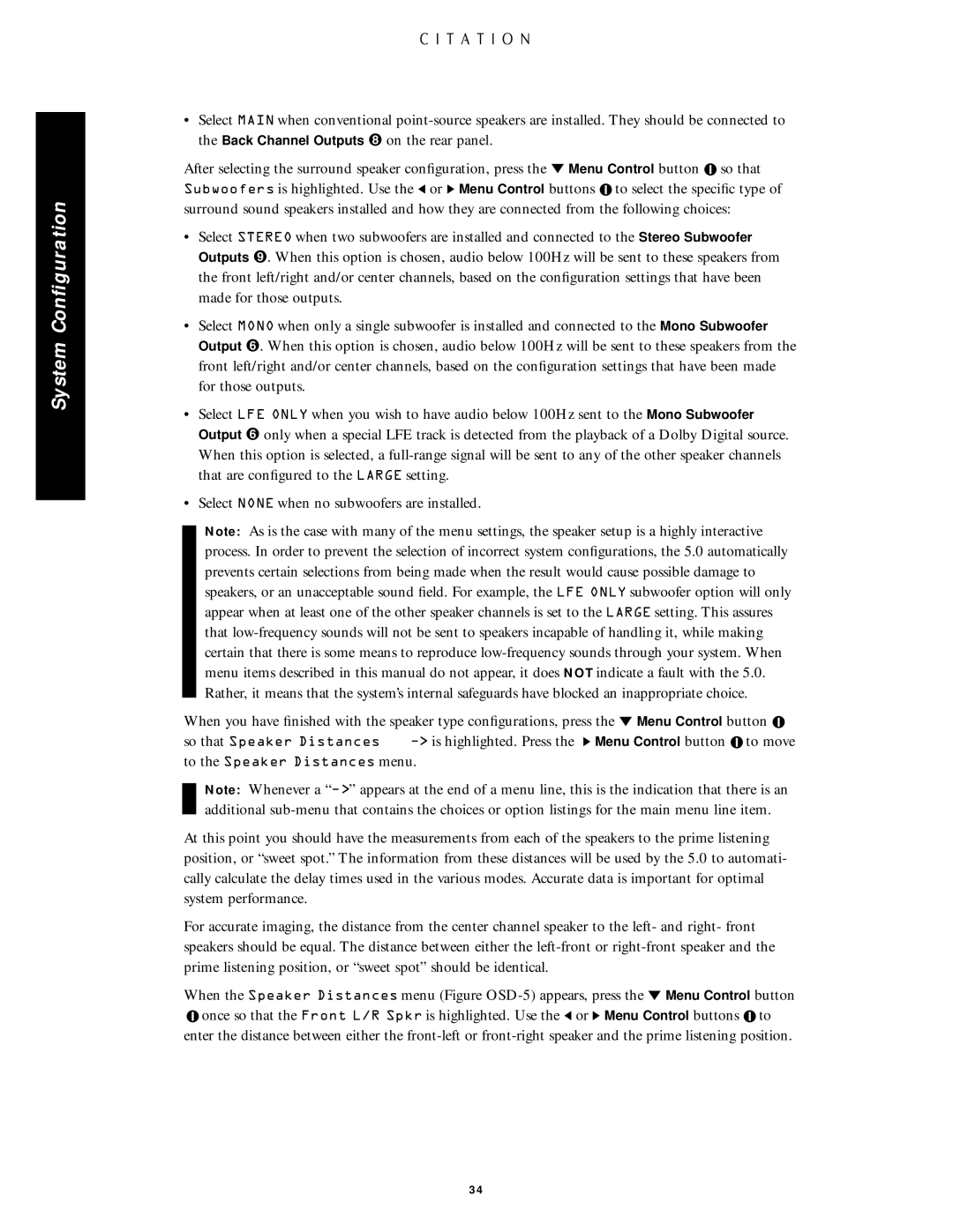 Citation Stereo Receiver owner manual To the Speaker Distances menu 