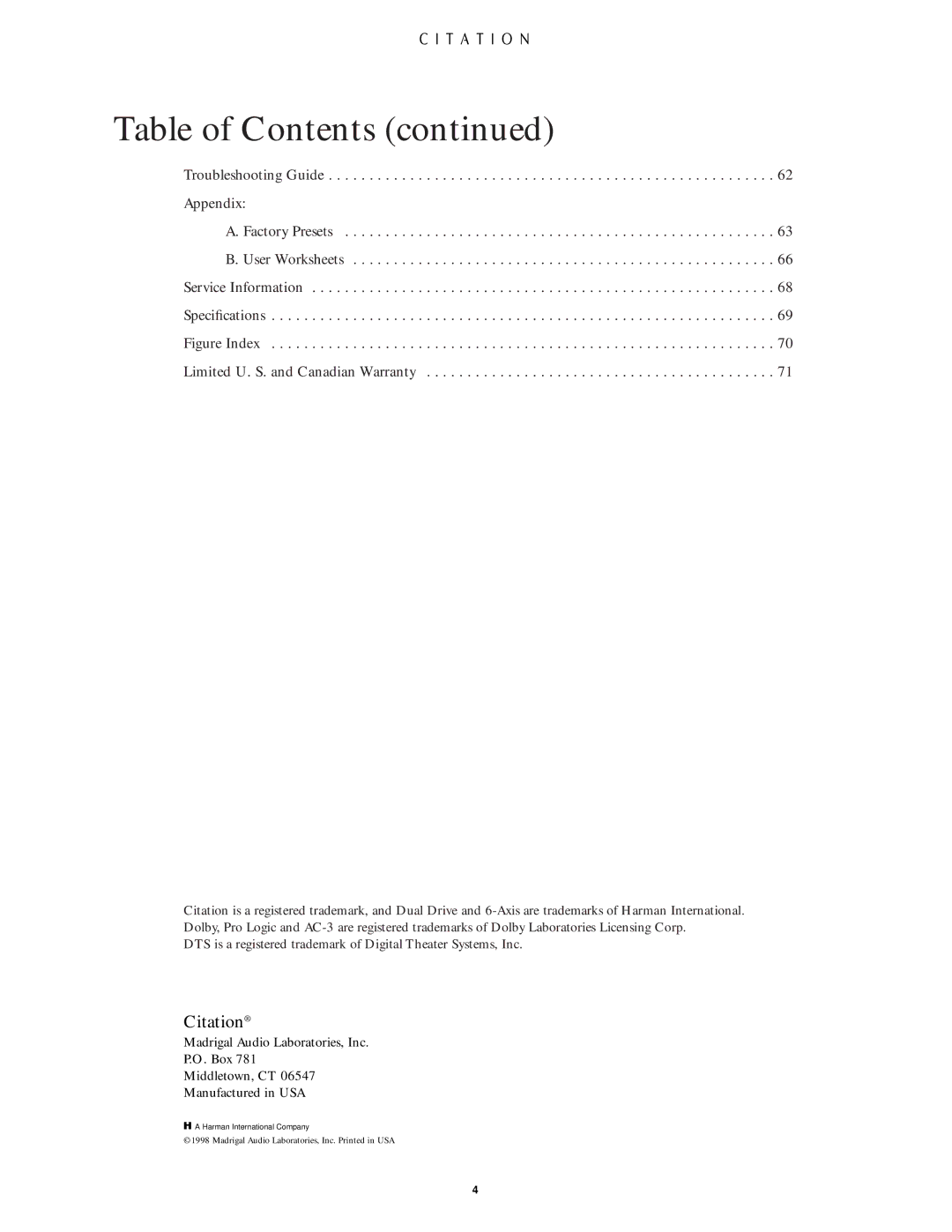 Citation Stereo Receiver owner manual Citation 