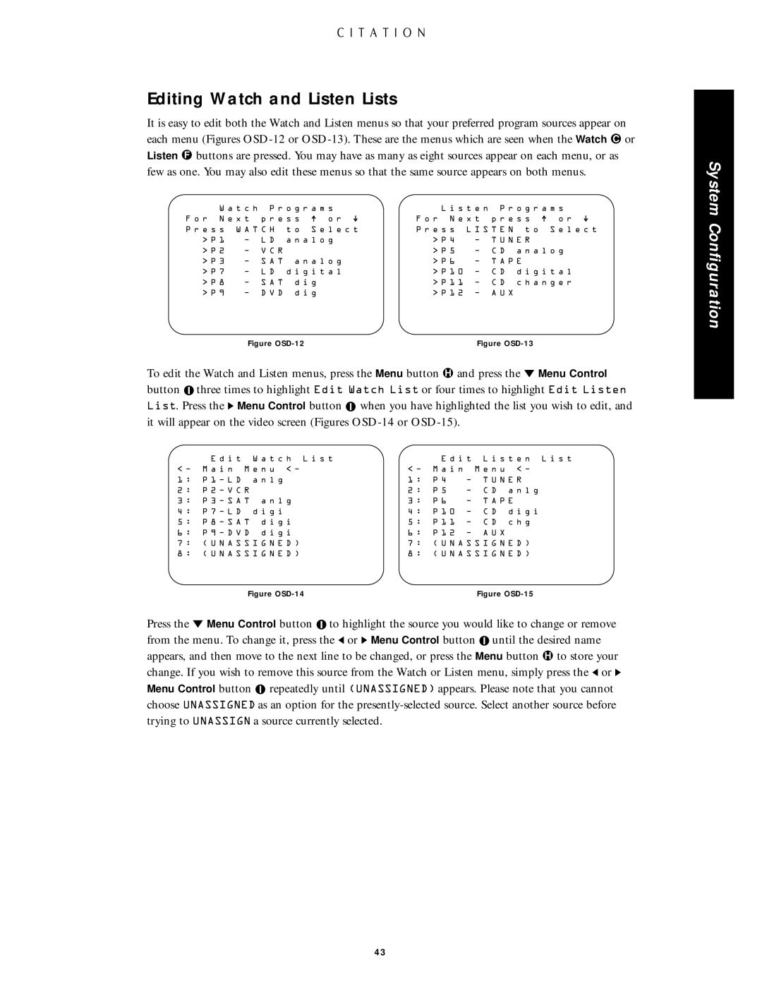 Citation Stereo Receiver owner manual Editing Watch and Listen Lists, System 