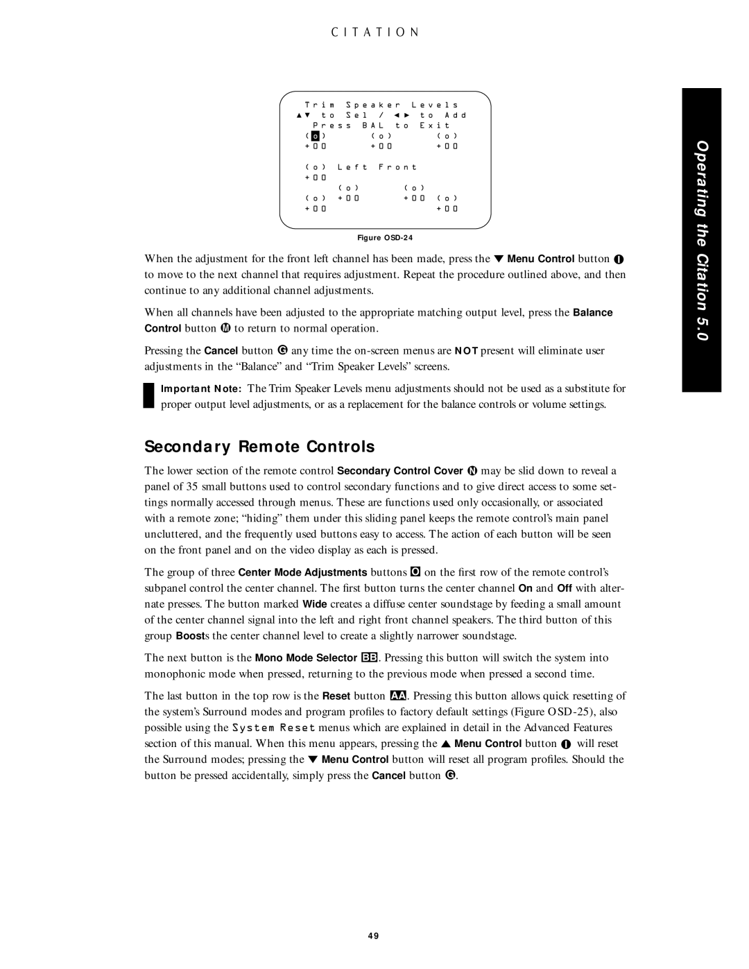 Citation Stereo Receiver owner manual Secondary Remote Controls, Figure OSD-24 