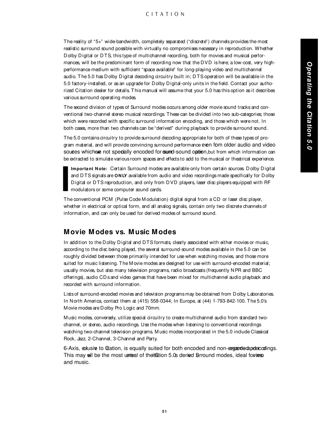 Citation Stereo Receiver owner manual Movie Modes vs. Music Modes 