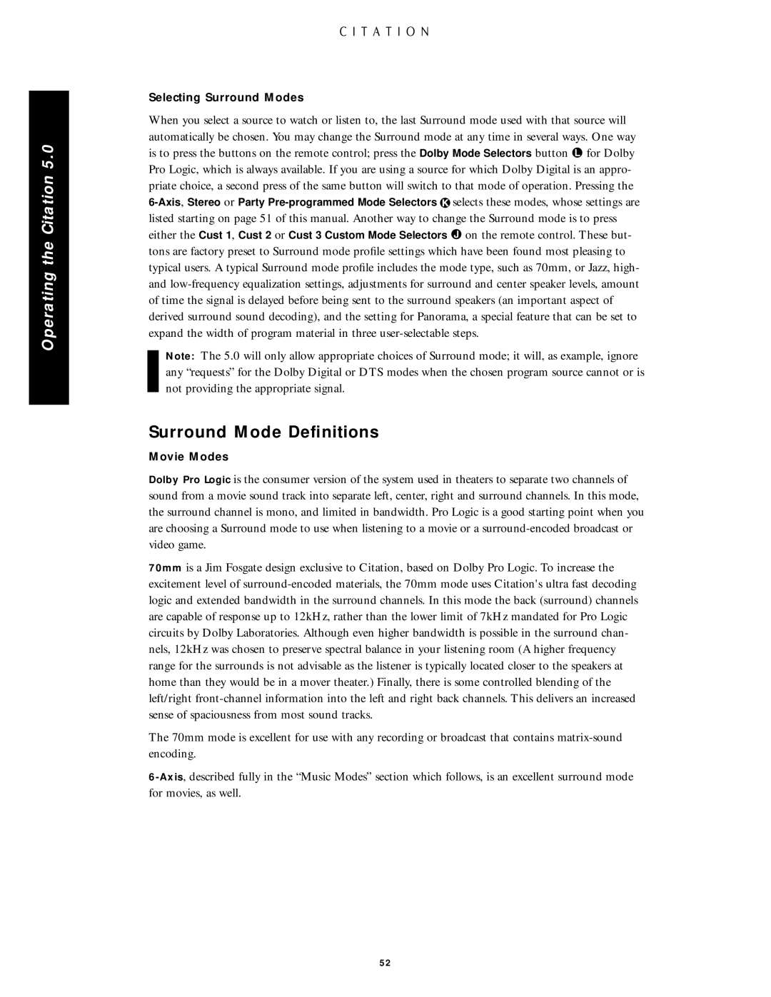 Citation Stereo Receiver owner manual Surround Mode Deﬁnitions, Selecting Surround Modes 