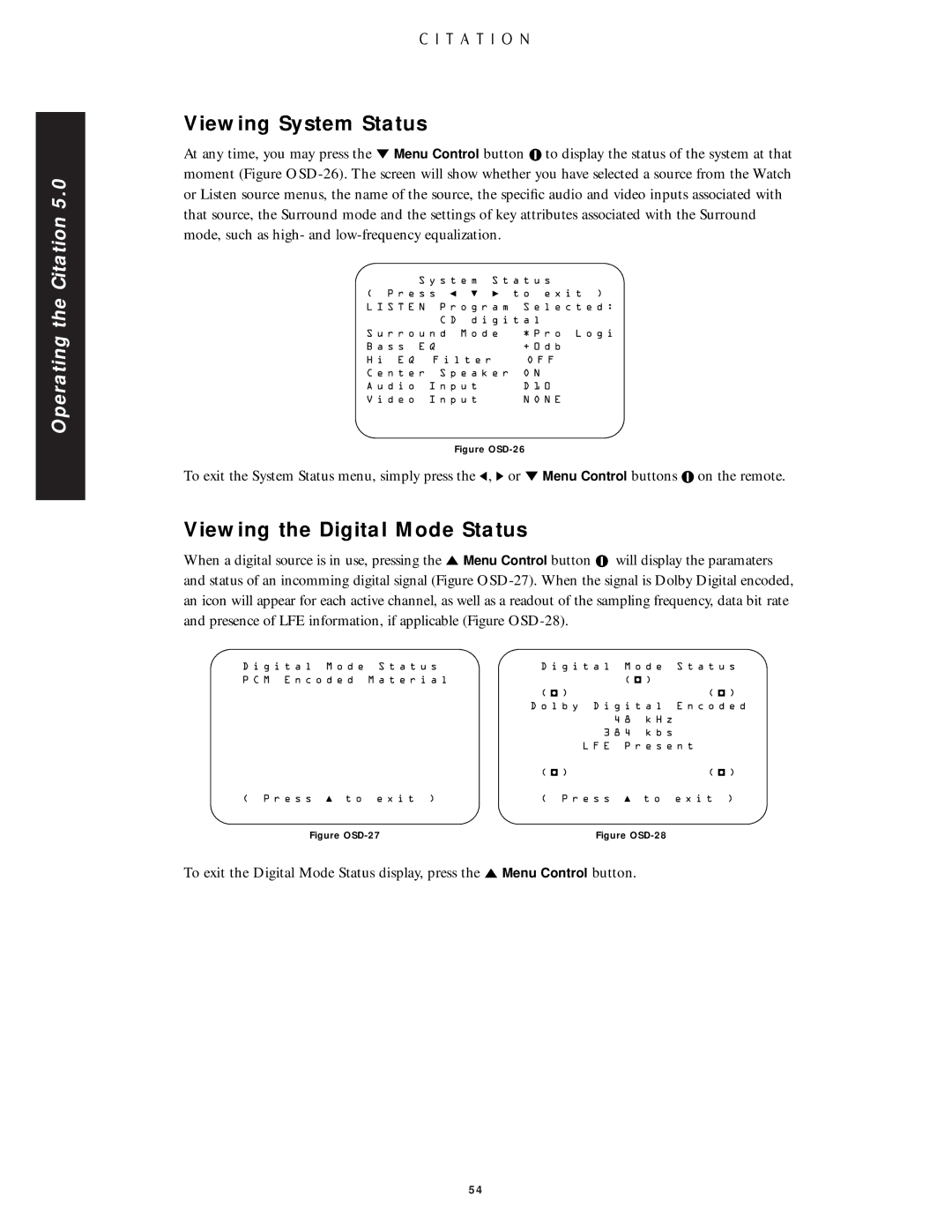 Citation Stereo Receiver owner manual Viewing System Status, Viewing the Digital Mode Status 