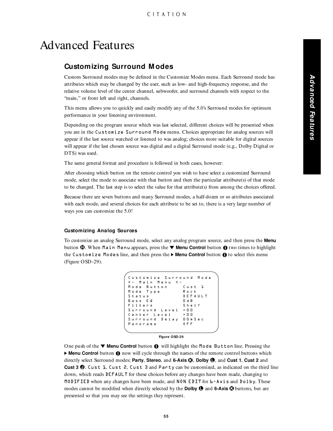 Citation Stereo Receiver owner manual Advanced Features, Customizing Surround Modes 