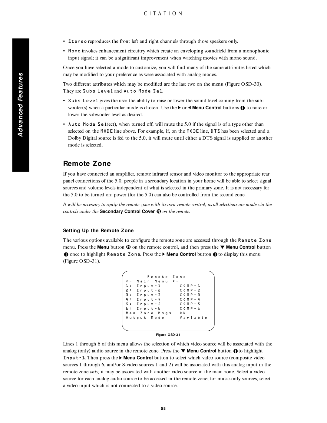 Citation Stereo Receiver owner manual Remote Zone, Figure OSD-31 