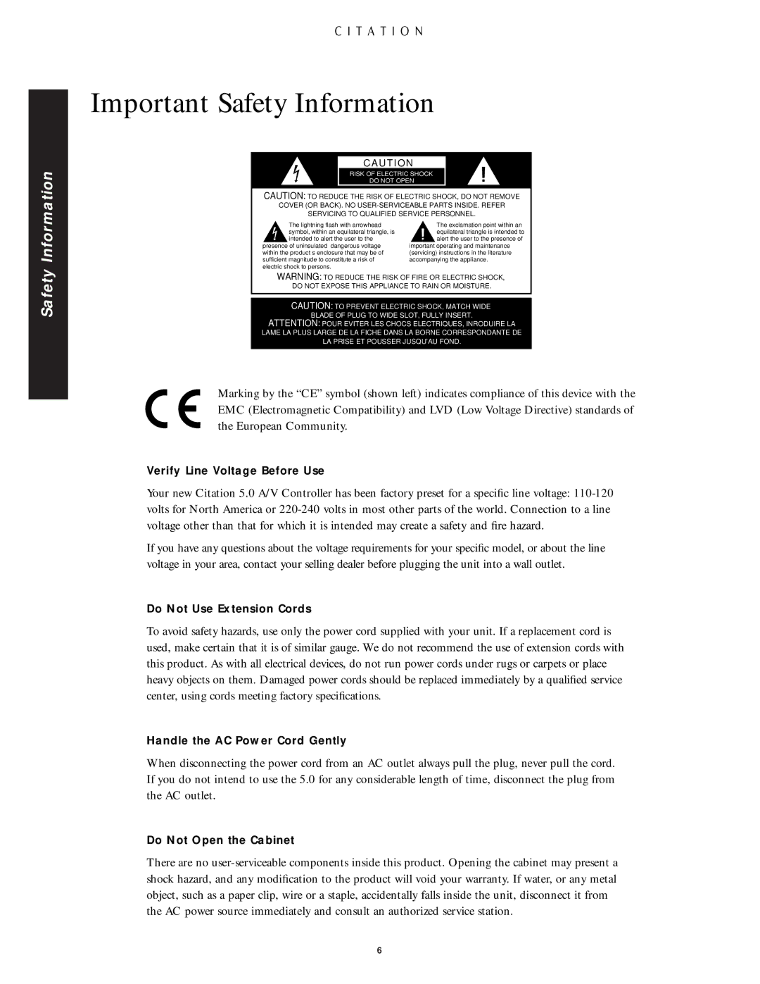 Citation Stereo Receiver owner manual Important Safety Information, Risk of Electric Shock Do not Open 