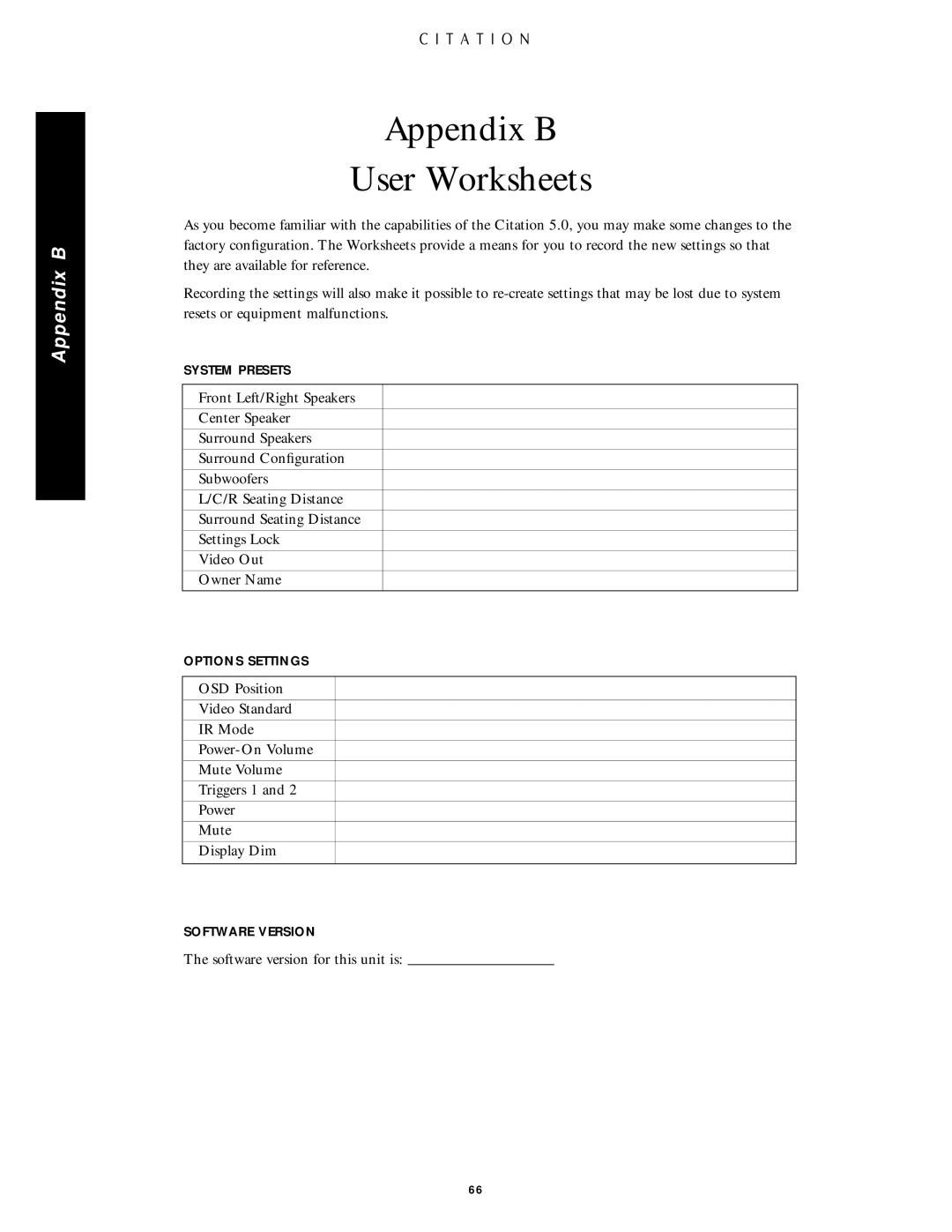 Citation Stereo Receiver owner manual Appendix B User Worksheets 