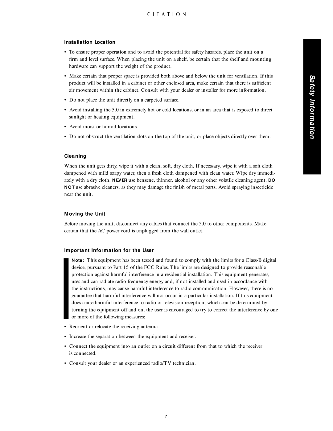 Citation Stereo Receiver owner manual Installation Location 