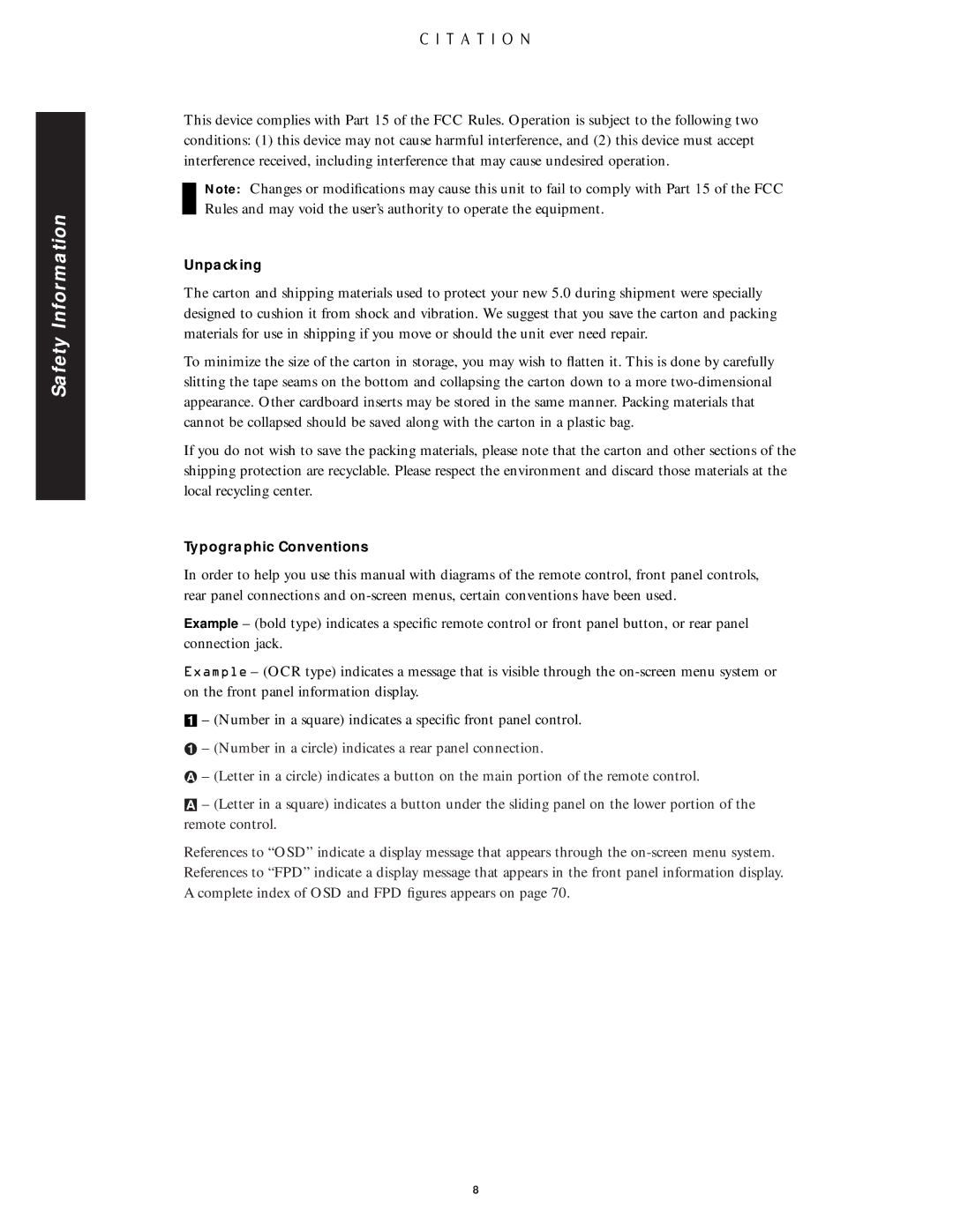 Citation Stereo Receiver owner manual Unpacking 