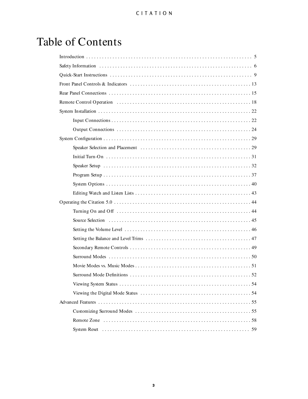 Citation Stereo Receiver owner manual Table of Contents 