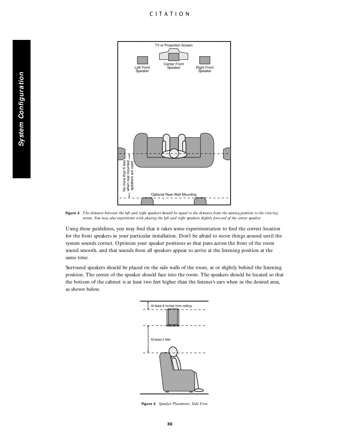 Citation Stereo Receiver owner manual System Conﬁguration, Speaker Placement, Side View 