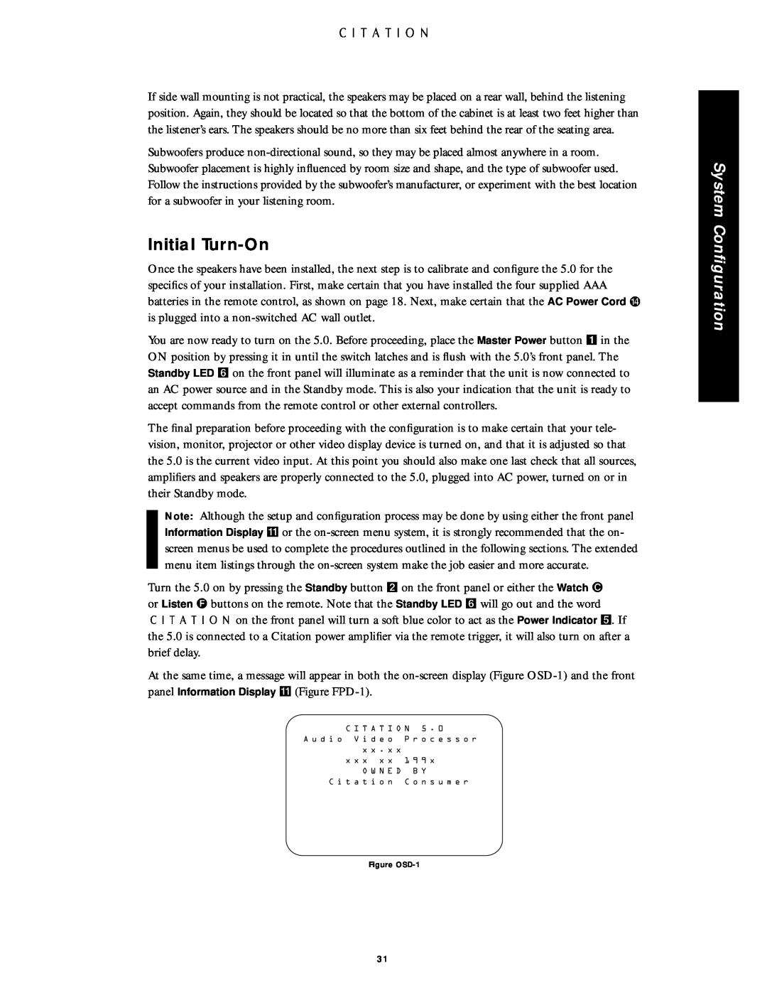 Citation Stereo Receiver owner manual Initial Turn-On, System Conﬁguration, Figure OSD-1 