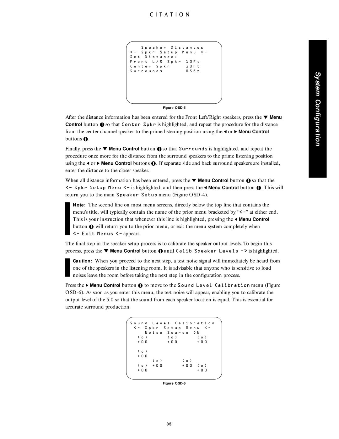 Citation Stereo Receiver owner manual System Conﬁguration, <Ð Exit Menus <Ð appears, Figure OSD-5, Figure OSD-6 