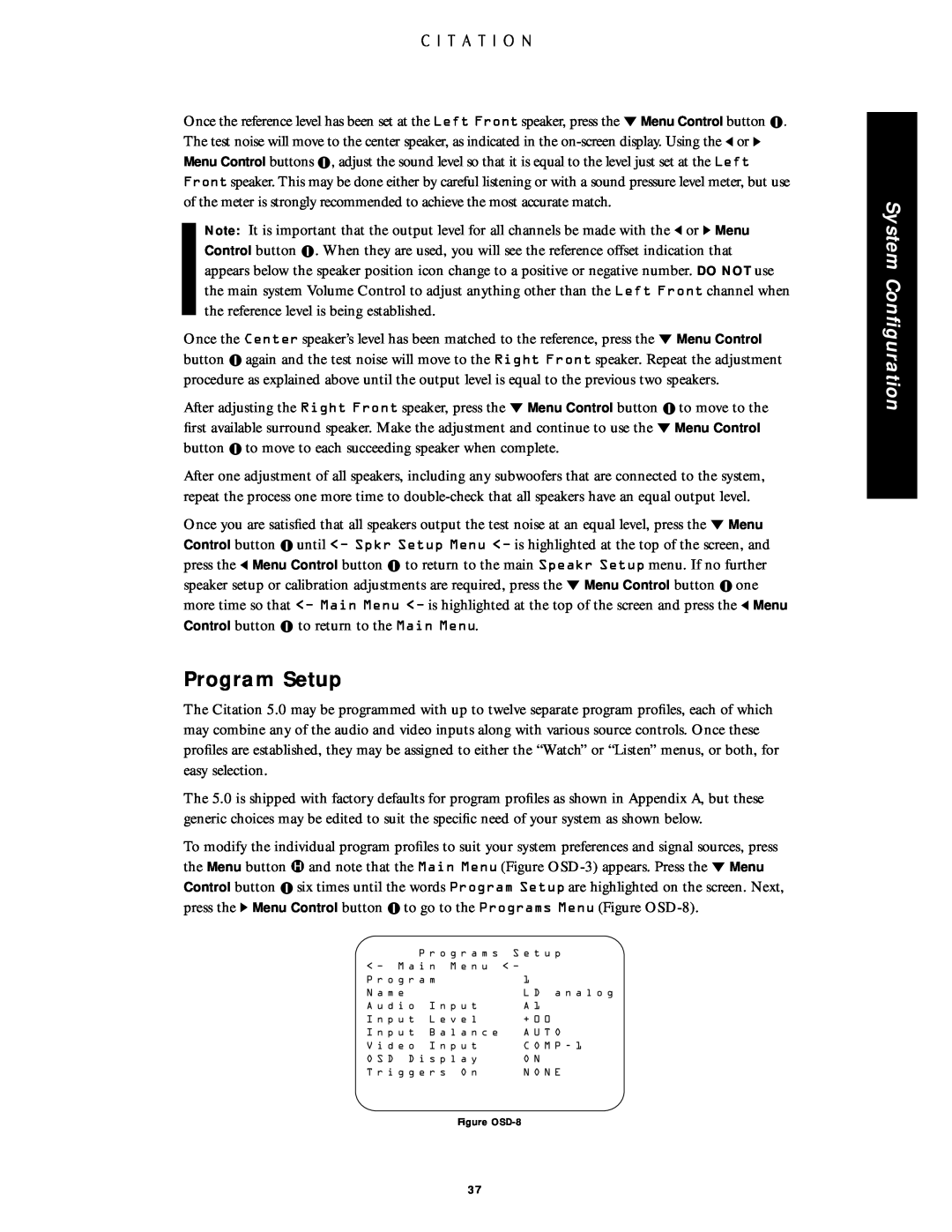 Citation Stereo Receiver owner manual Program Setup, System Conﬁguration, Figure OSD-8 