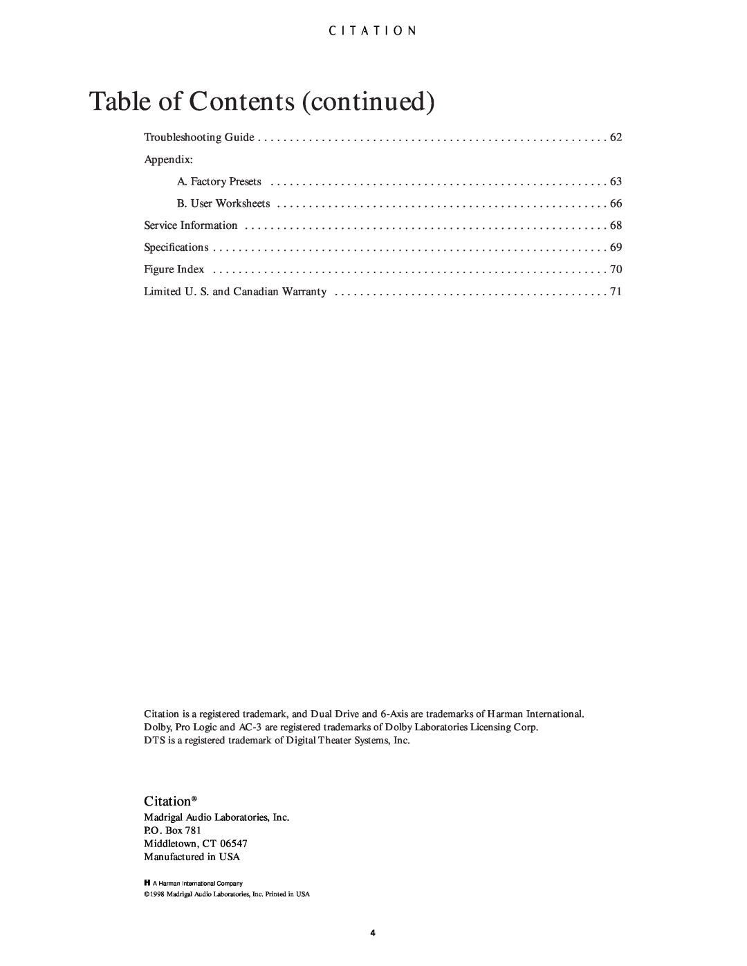 Citation Stereo Receiver owner manual Table of Contents continued, Citation 