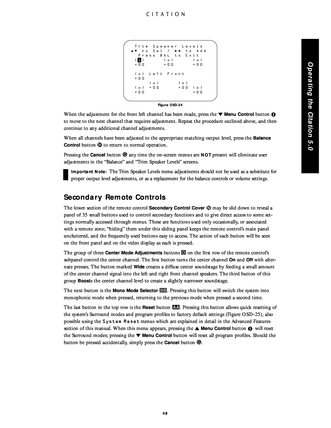 Citation Stereo Receiver owner manual Secondary Remote Controls, Operating the Citation, Figure OSD-24 