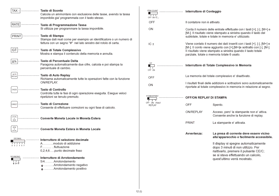 Citizen 350DPA instruction manual OFF/ON Replay DI Stampa 