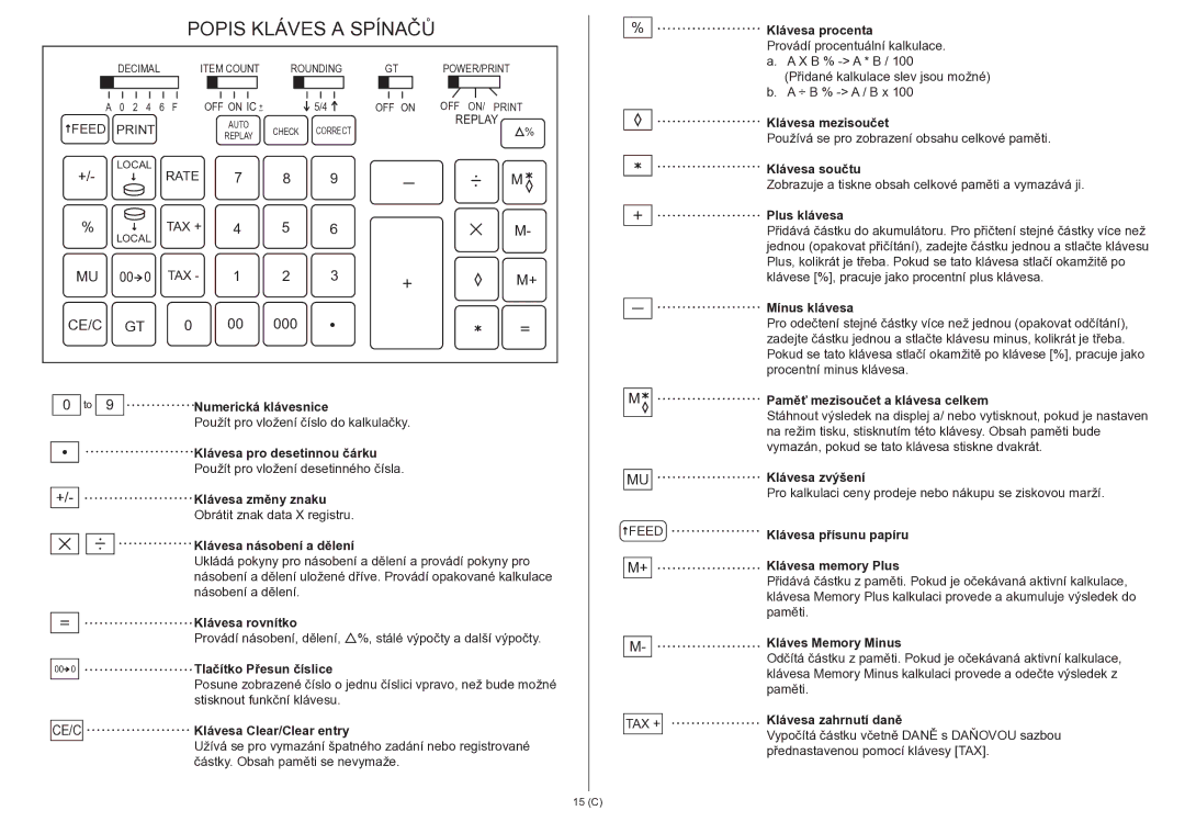 Citizen 350DPA instruction manual Popis Kláves a Spínačů 