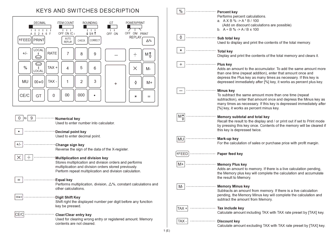 Citizen 350DPA instruction manual Keys and Switches Description 