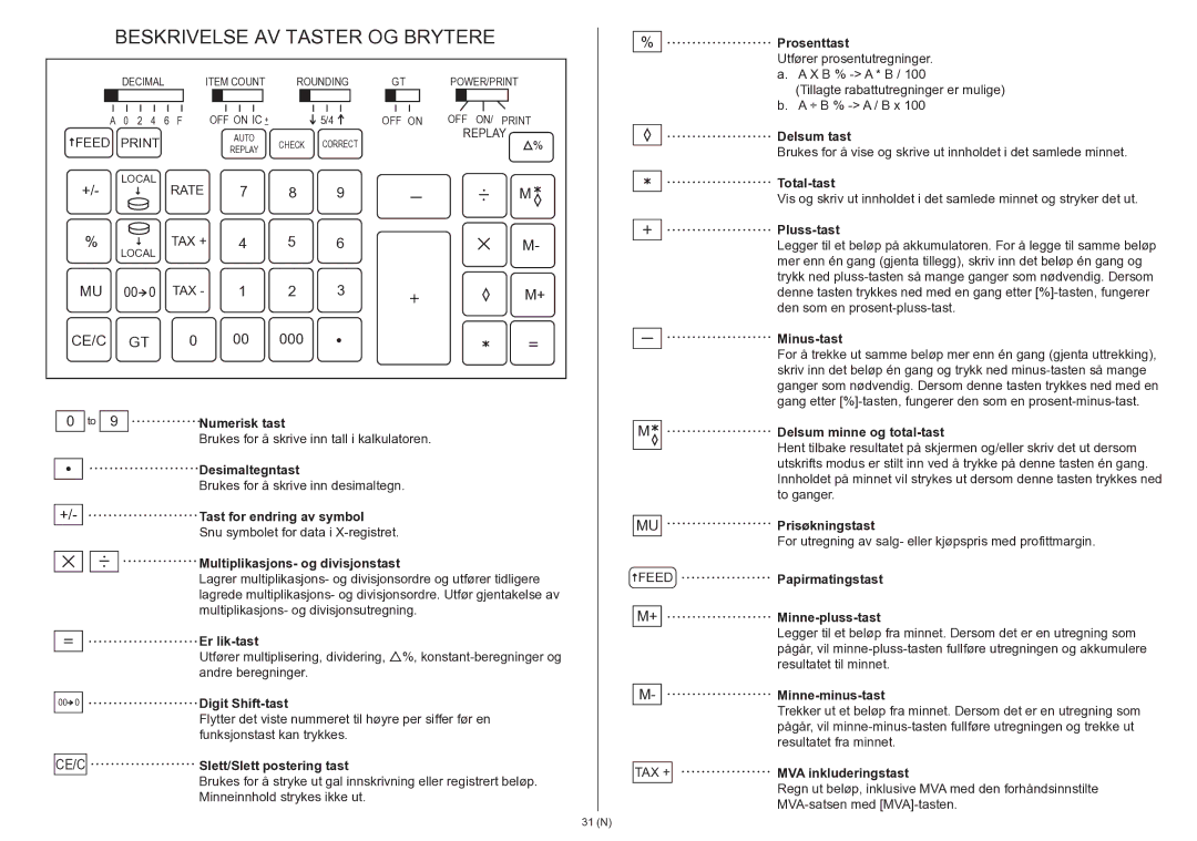 Citizen 350DPA instruction manual Beskrivelse AV Taster OG Brytere 