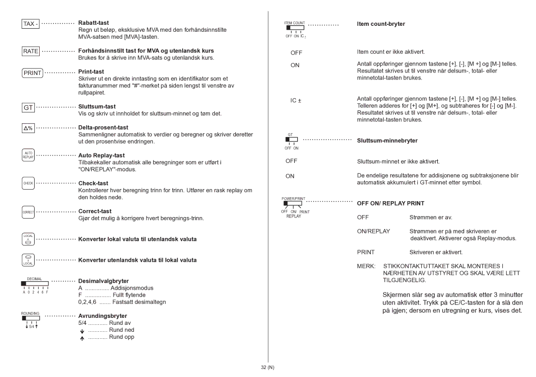 Citizen 350DPA Rabatt-tast, Print-tast, Item count-bryter, Sluttsum-tast, Delta-prosent-tast, Auto Replay-tast 