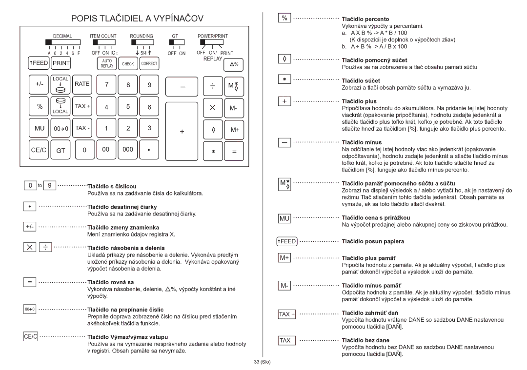 Citizen 350DPA instruction manual Popis Tlačidiel a Vypínačov 