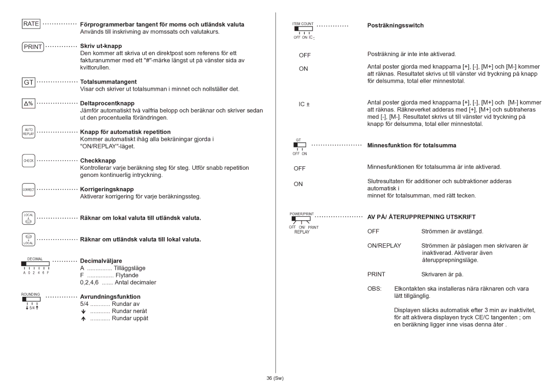 Citizen 350DPA instruction manual AV PÅ/ Återupprepning Utskrift 