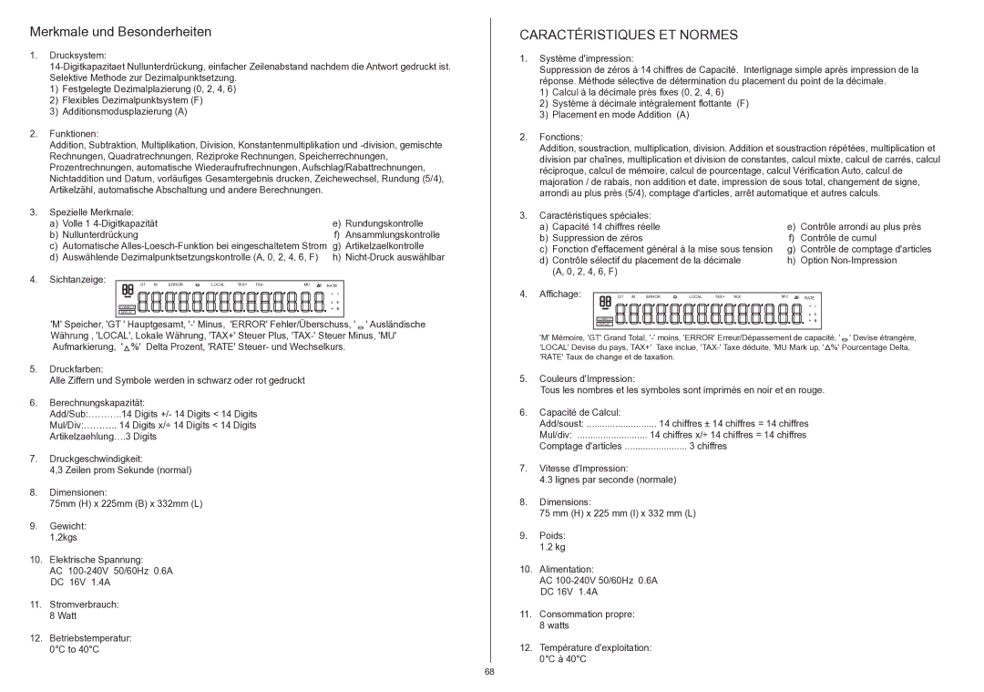 Citizen 350DPA instruction manual Merkmale und Besonderheiten, Caractéristiques ET Normes 