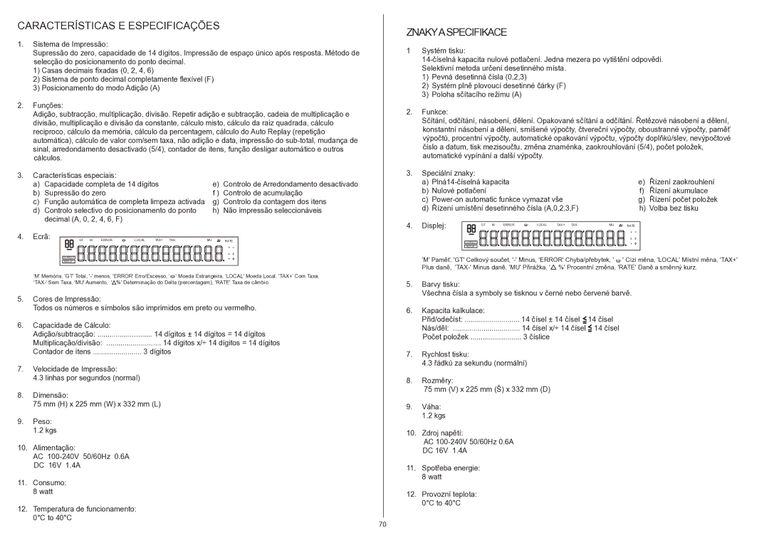 Citizen 350DPA instruction manual Características E Especificações, Znakyaspecifikace 