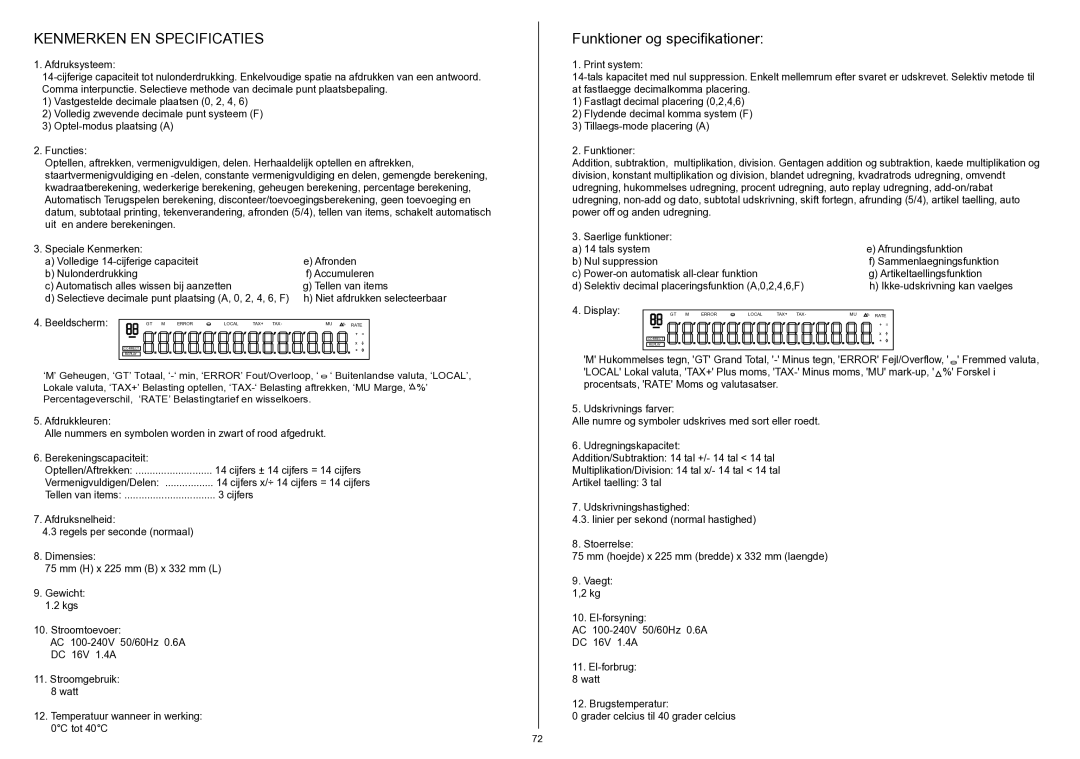 Citizen 350DPA instruction manual Kenmerken EN Specificaties, Funktioner og specifikationer 