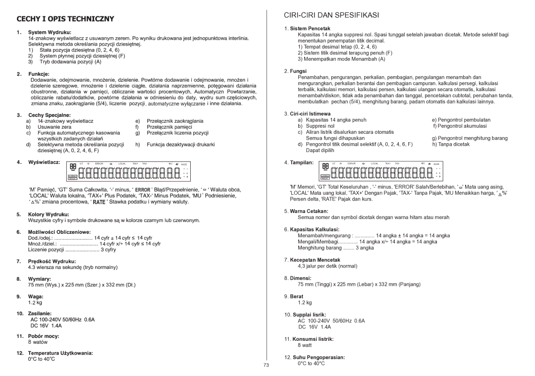 Citizen 350DPA instruction manual CIRI-CIRI DAN Spesifikasi, Rate 