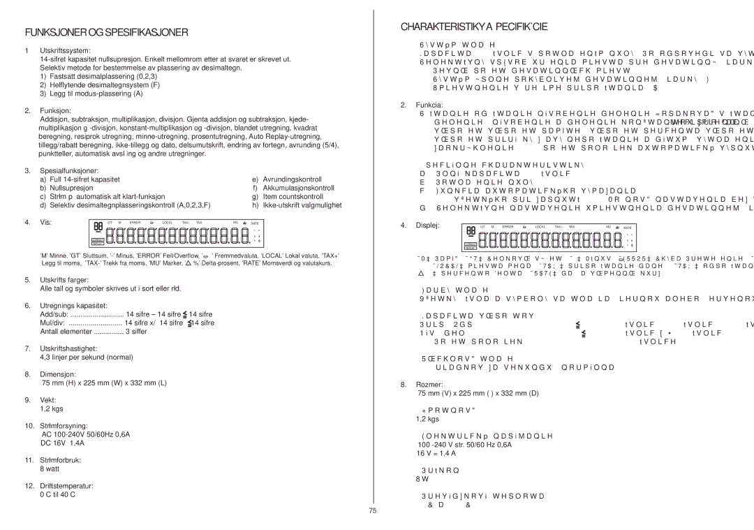 Citizen 350DPA instruction manual Funksjoner OG Spesifikasjoner, Charakteristikyašpecifikácie 