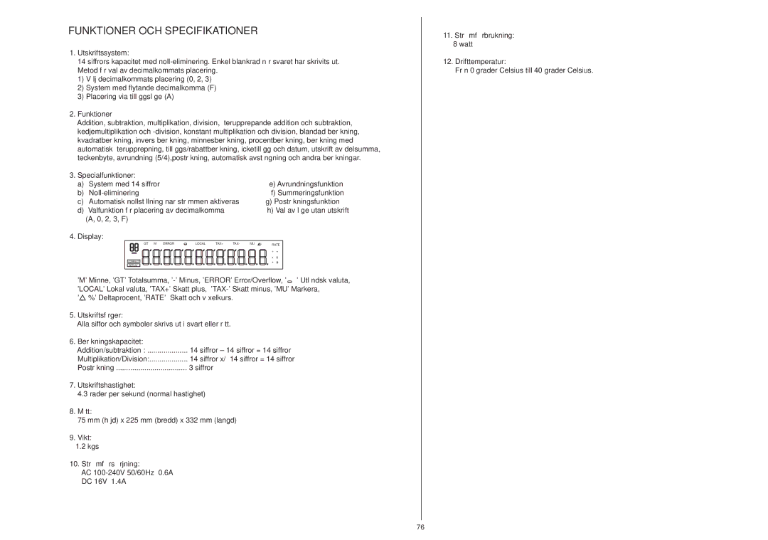 Citizen 350DPA instruction manual Funktioner OCH Specifikationer, Utskriftssystem 