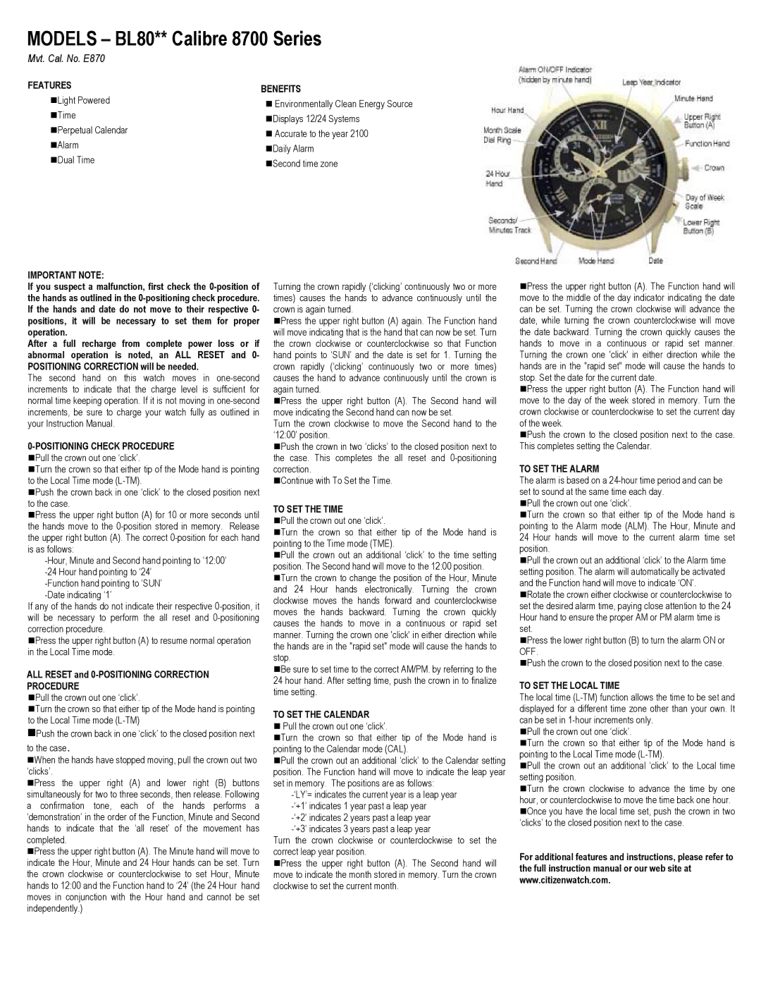 Citizen manual Models BL80** Calibre 8700 Series 