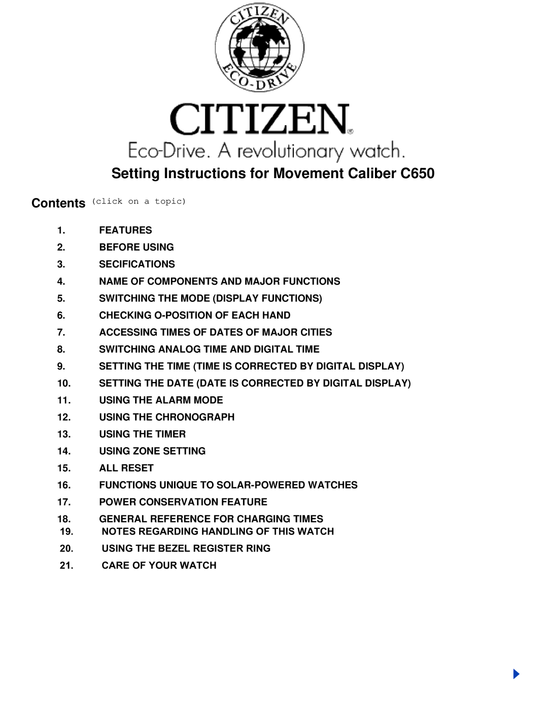 Citizen manual Setting Instructions for Movement Caliber C650 