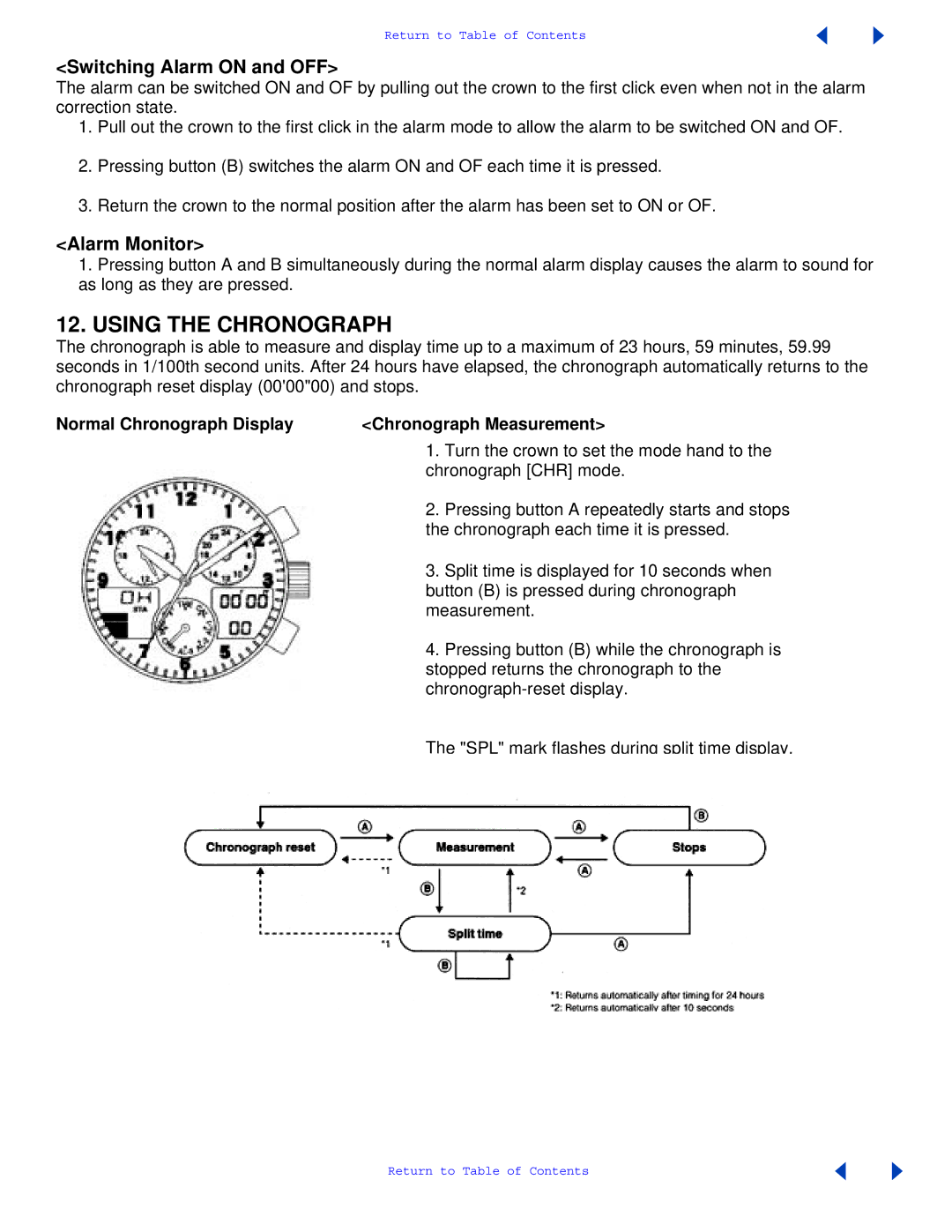 Citizen C650 manual Using the Chronograph, Switching Alarm on and OFF, Alarm Monitor 