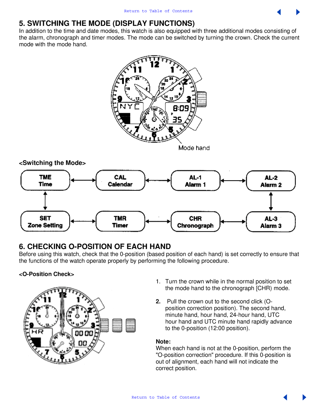 Citizen C650 manual Switching the Mode Display Functions, Checking O-POSITION of Each Hand, Position Check 