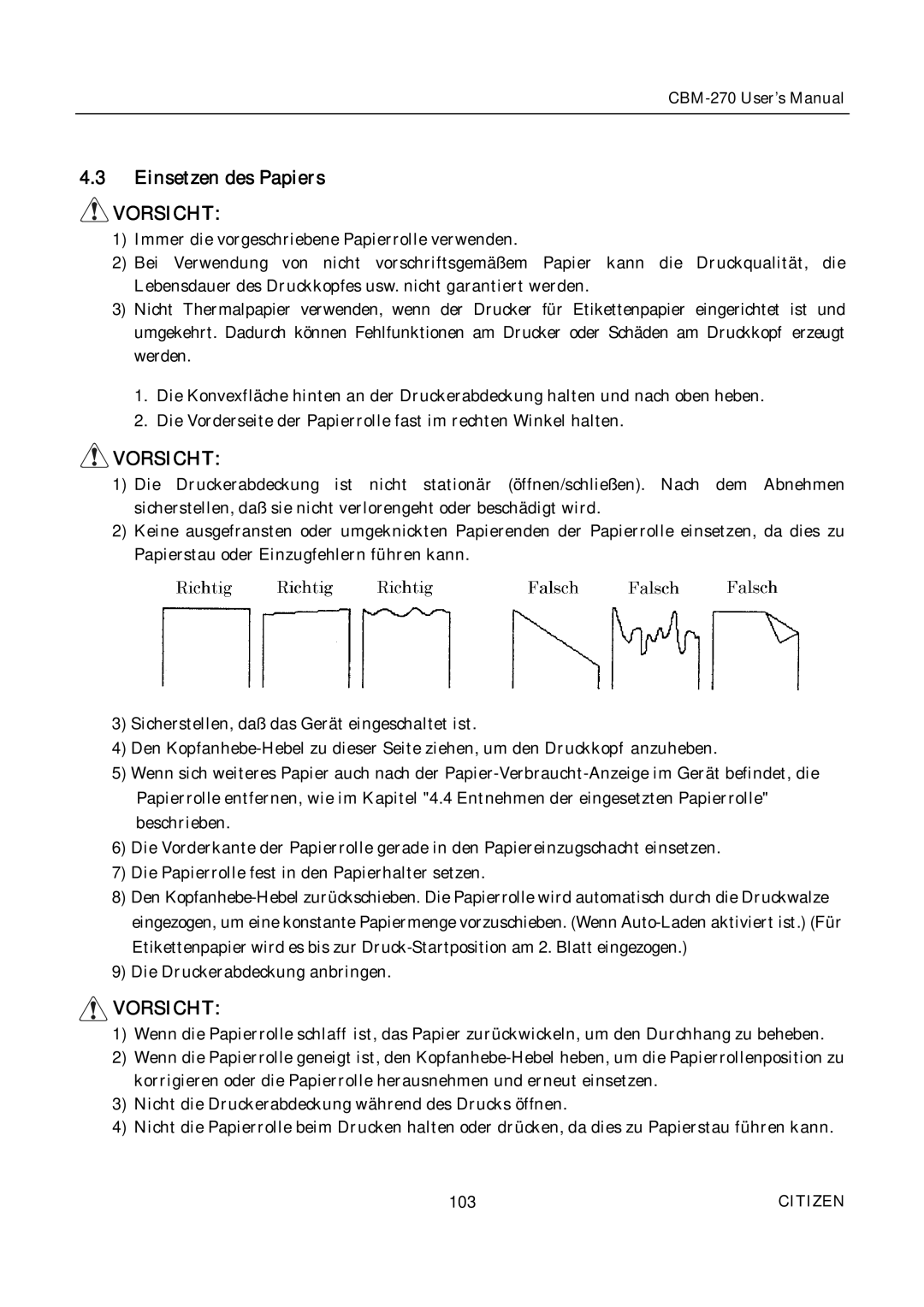 Citizen CBM-270 user manual Einsetzen des Papiers 